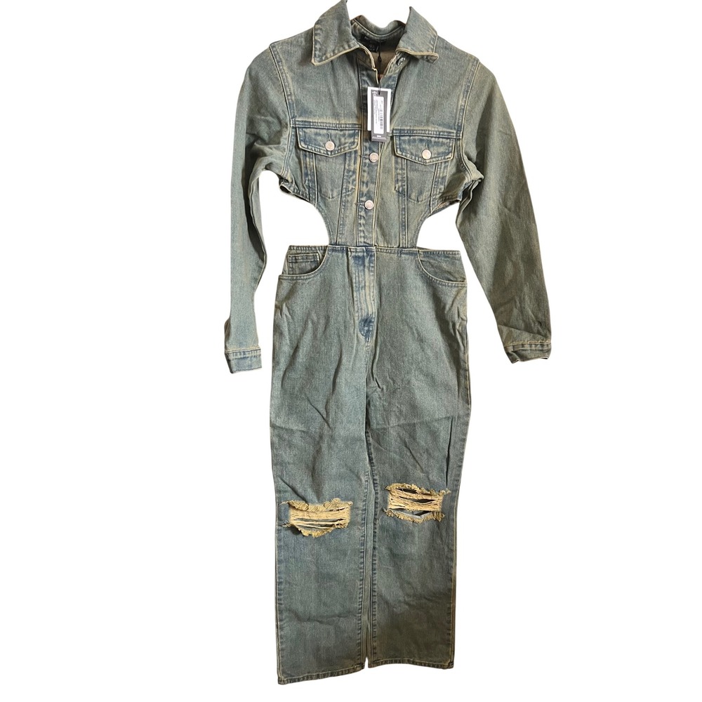 PRETTYLITTLETHING Petite Vintage Wash Denim Cut Out Jumpsuit UK 4 US 0